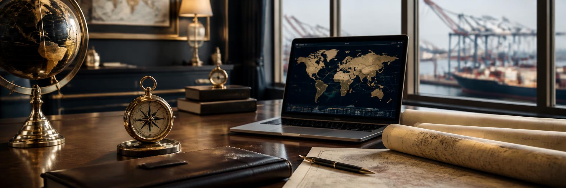 Global trade advisory desk with maps, compass and a port view