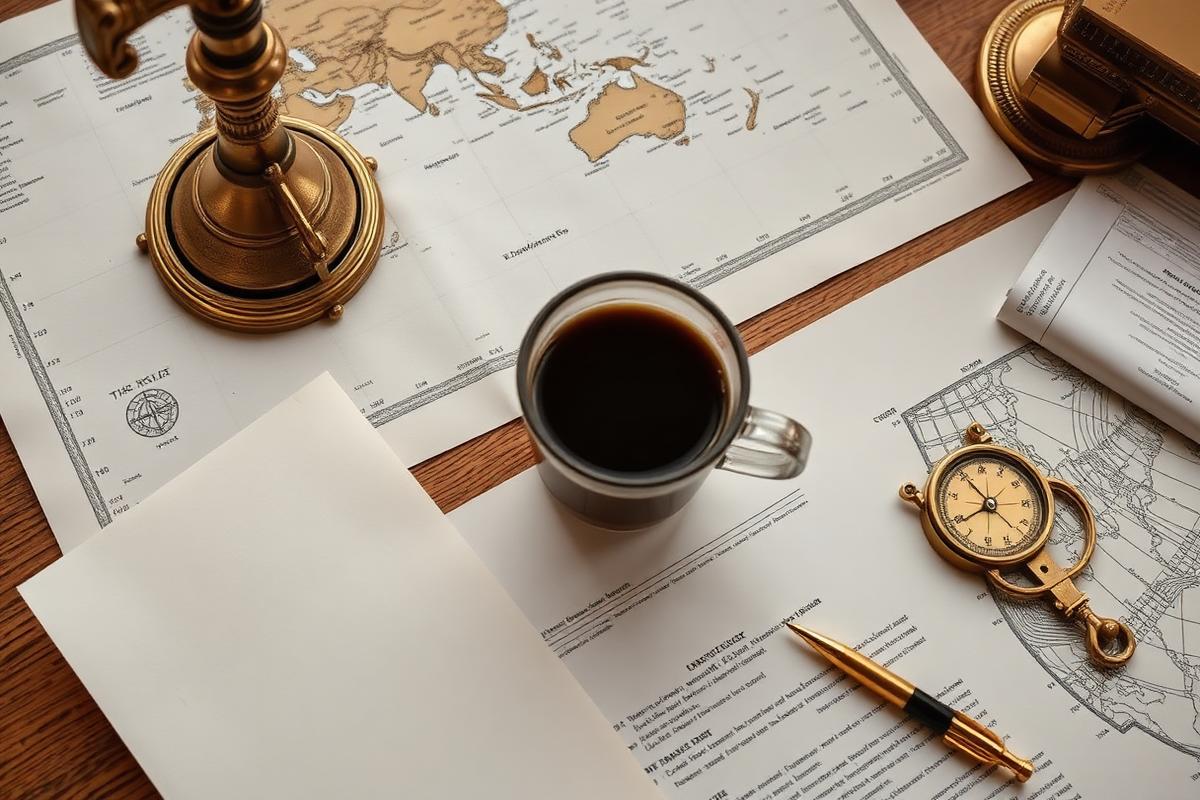 Trade documents, world map and a brass compass on a desk